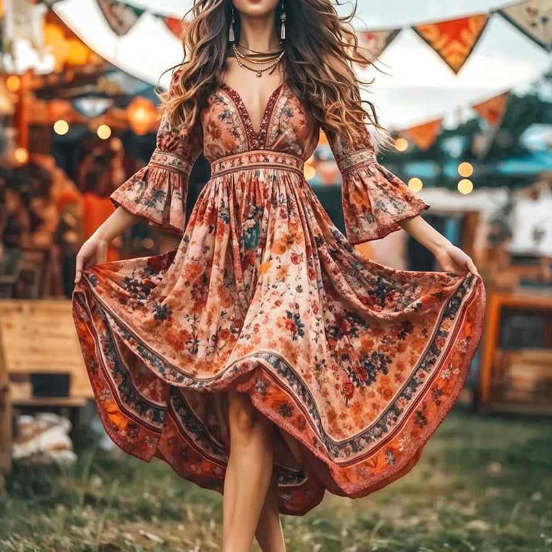 Robe maxi imprimée bohème à col en V pour femme