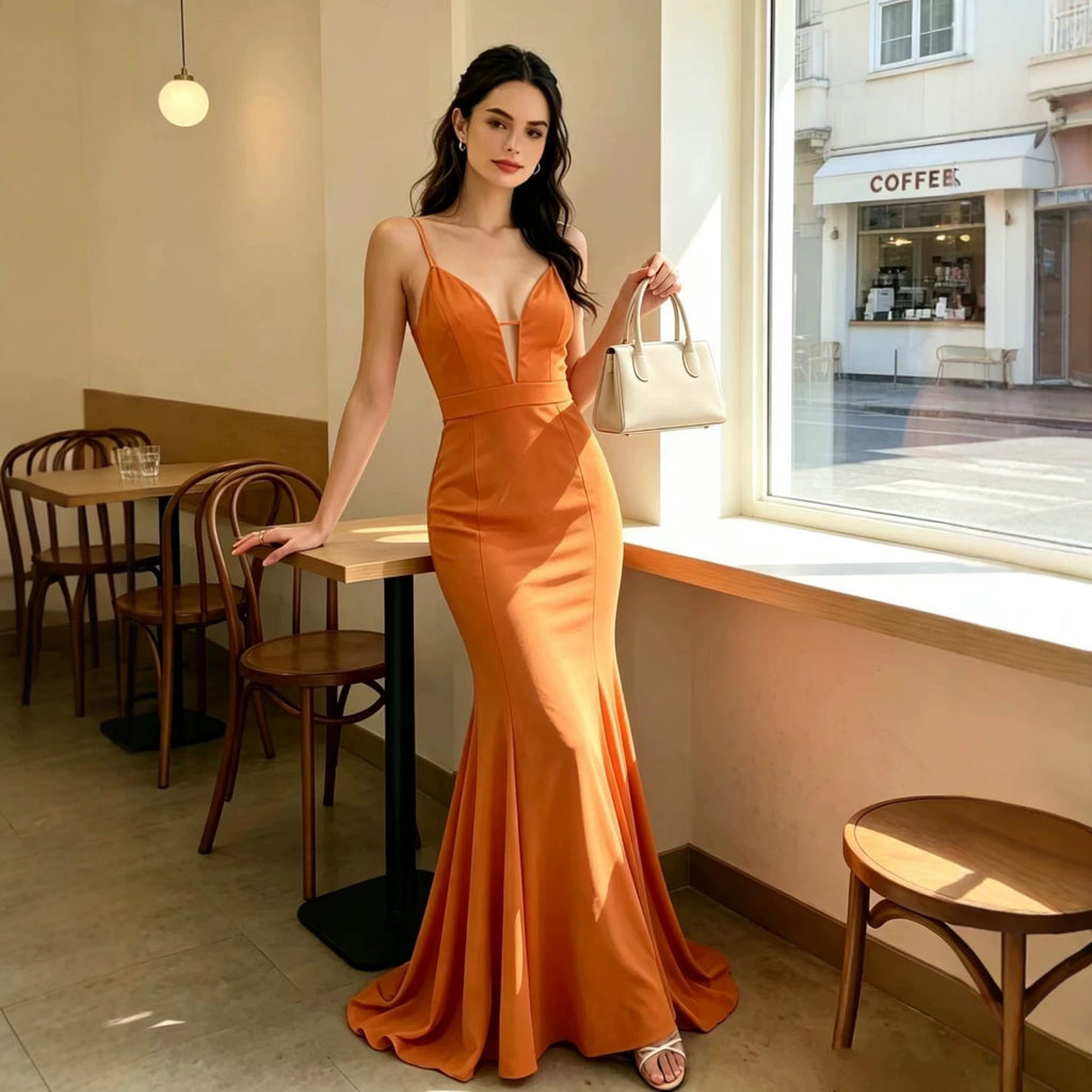 Women V neck Backless Sling Cocktail Hip Slim Fit Fishtail Dress
