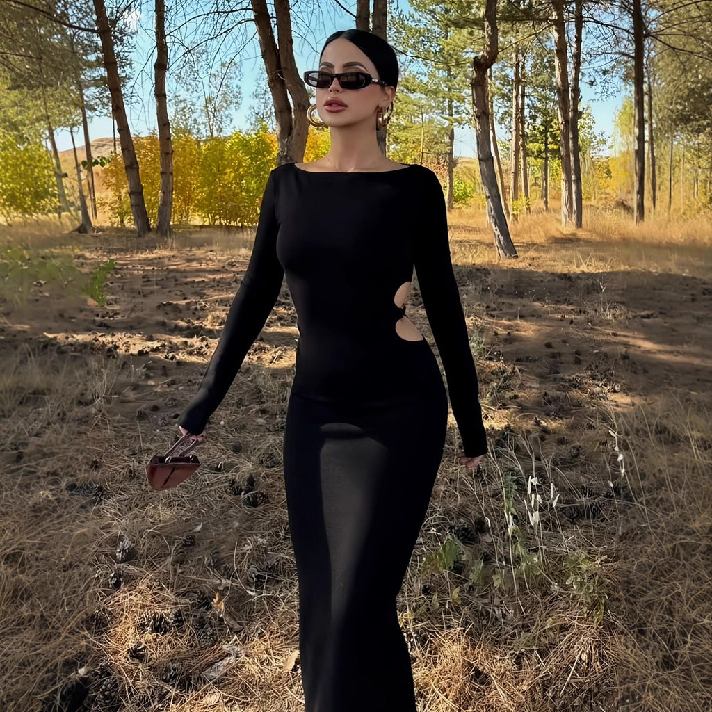 Vestido de otoño de manga larga con cuello redondo y aberturas sexy para mujer