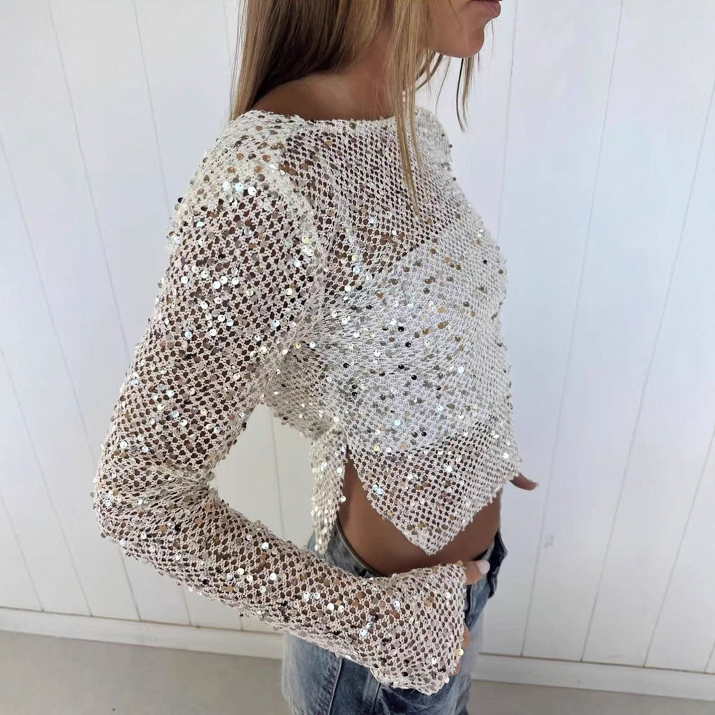 Top de manga larga con lentejuelas de rejilla para otoño e invierno, sexy, de dos maneras de usar.