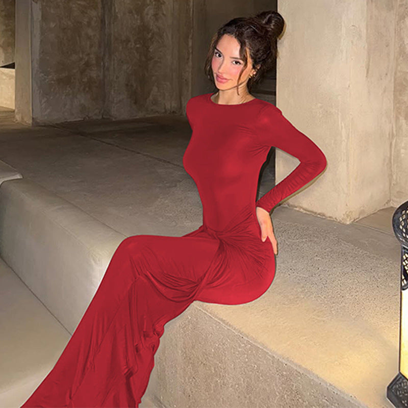 Women Clothing Winter Elegant Slim Twist Fold round Neck Long Sleeved Dress