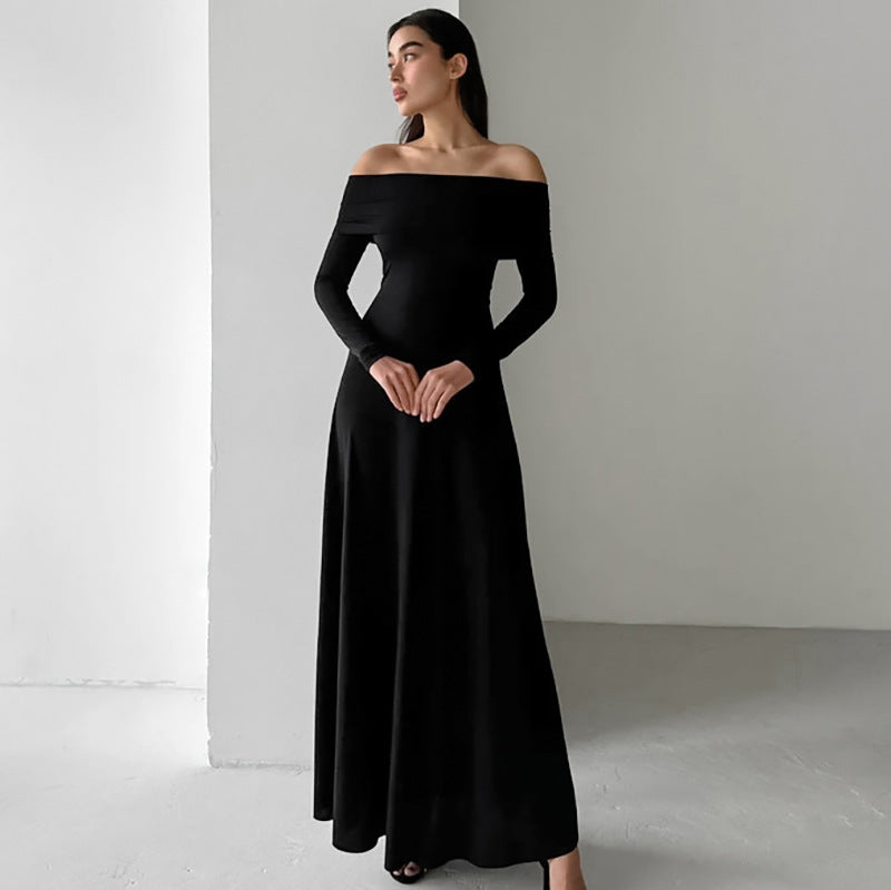 Vestido de otoño de punto cepillado francés, ajustado, con cuello descubierta y cintura alta