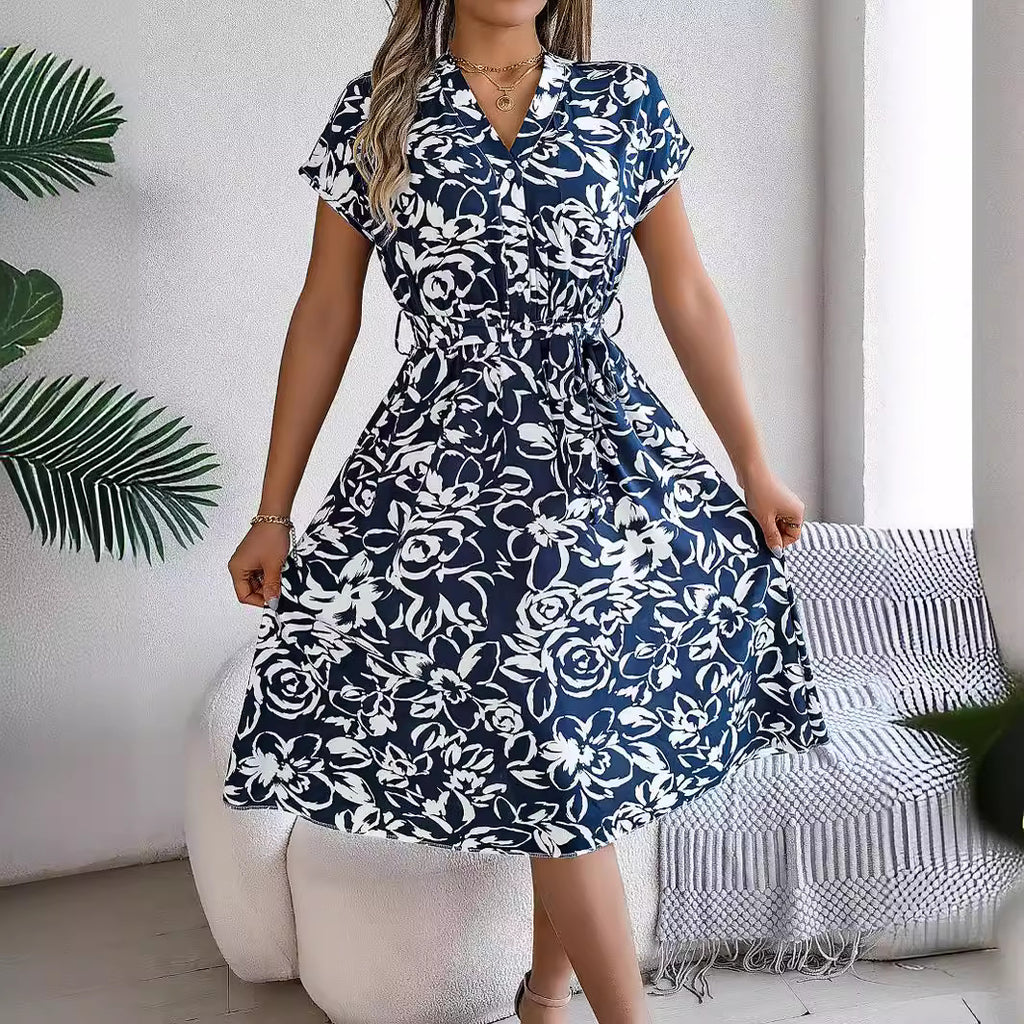 Spring Summer Casual V neck Buttons Batwing Sleeve Floral Swing Dress Women Clothing