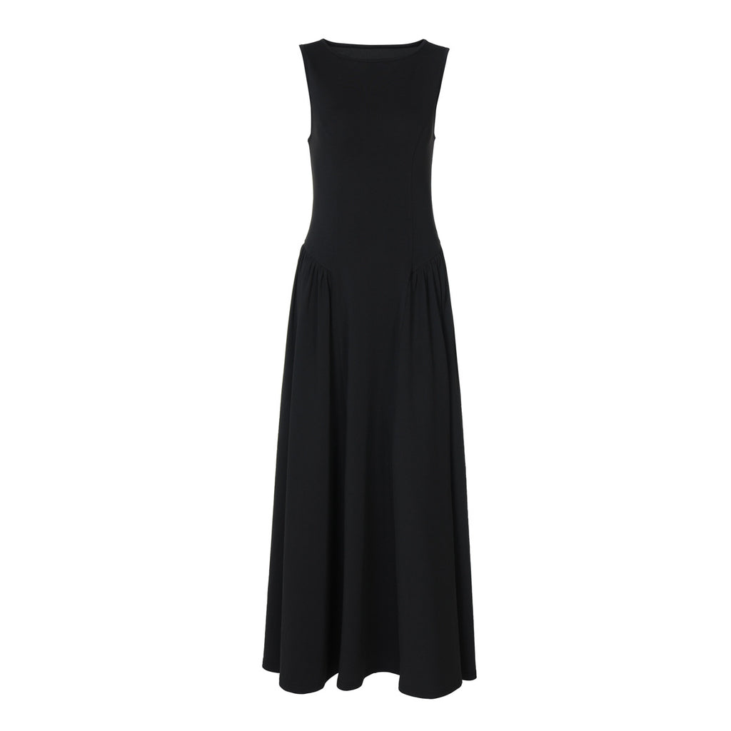 Robe d'automne élégante et tendance, unie, col rond, sans manches, plissée, grande taille, col évasé, col rond, sans manches.