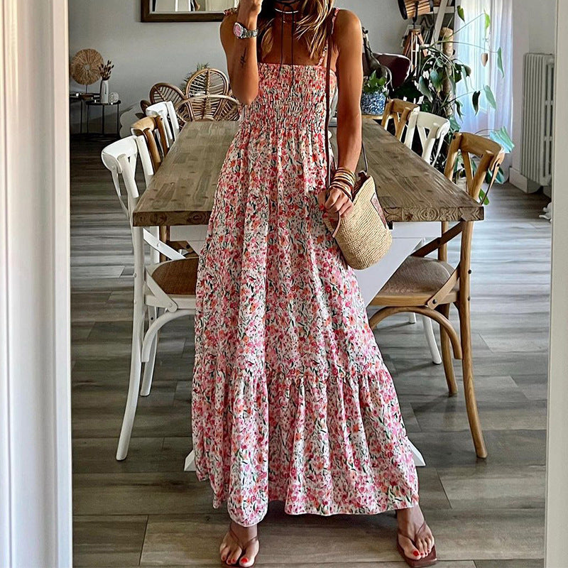 Robe d'été sexy à bretelles fleuries bohème pour femme