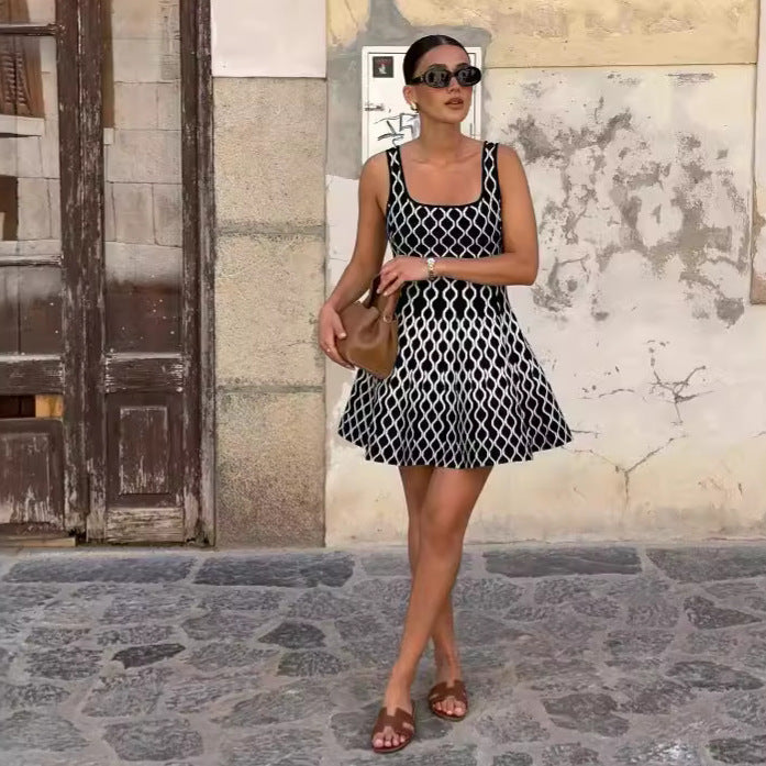Robe courte trapèze à effet ondulé, couleurs contrastées, printemps-été, débardeur ajusté, base en maille pour femme