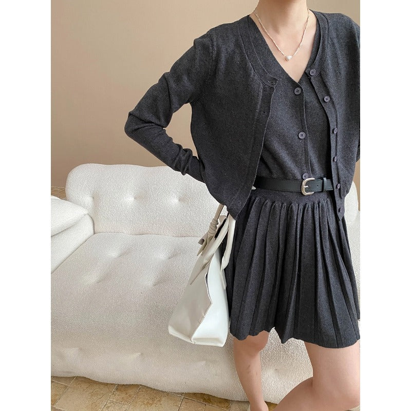 Lazy Blogger French High Grade Knitted Cardigan V neck Vest Dress Two Piece Sets