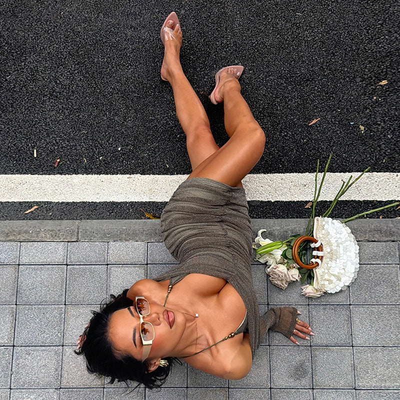 Autumn Winter Evening Dress Sexy Tube Top Halter Mesh Thin Glittering Hip Dress