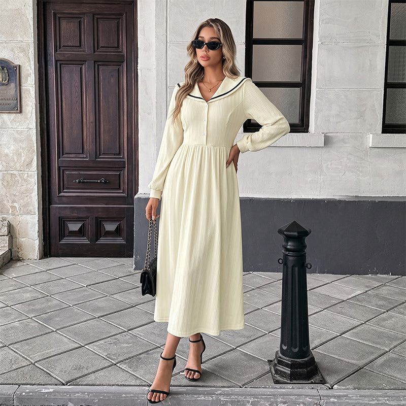 French Gentle Sailor Collar Contrast Color Waist Controlled Long Sleeves Dress