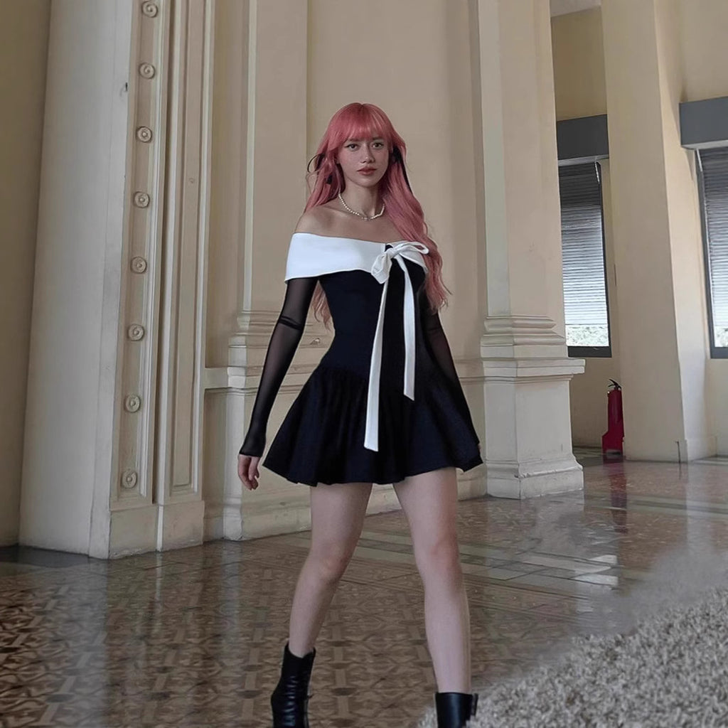 Autumn College Cute Bow Dress Sweet Spicy Doll Collar Contrast Color