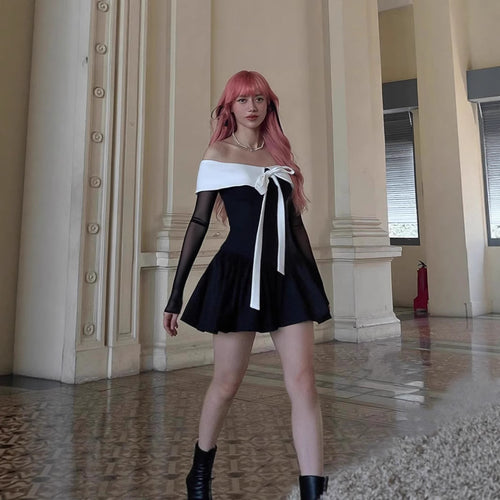 Autumn College Cute Bow Dress Sweet Spicy Doll Collar Contrast Color
