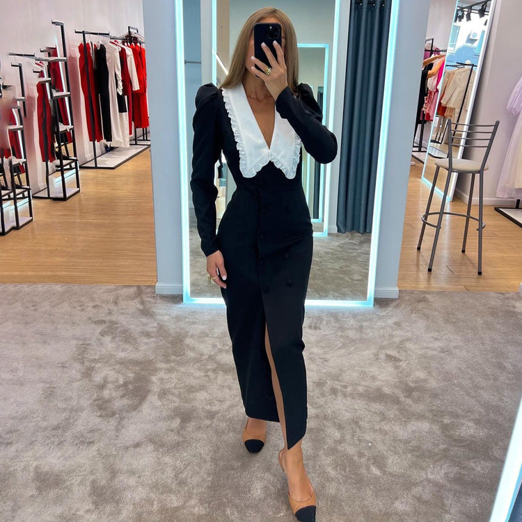 Robe maxi fendue bicolore noire et blanche contrastée, col poupée, manches longues, style français, tendance automne-hiver femme