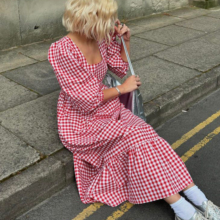 Vestido francés informal de otoño con cuello cuadrado, media manga y cordones para mujer