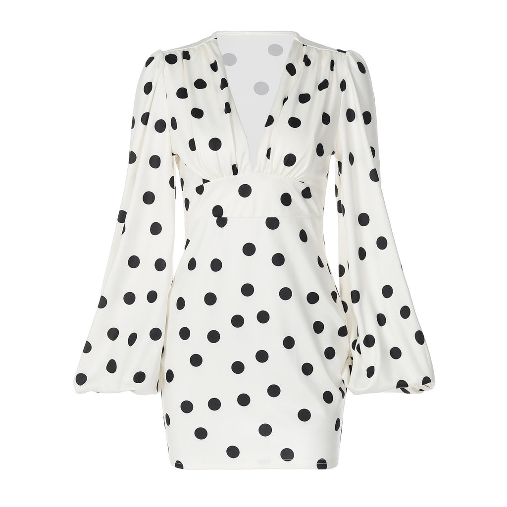 Polka Dot Printed Sexy Deep V Plunge neck Slim Fit Bell Sleeve Sheath Dress for Women