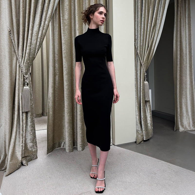 Summer Women Clothing French Half Turtleneck Backless Waist Trimming Dress