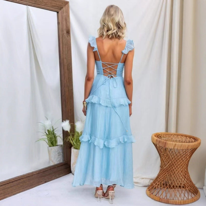 Vestido elegante con volantes de color liso para mujer de verano