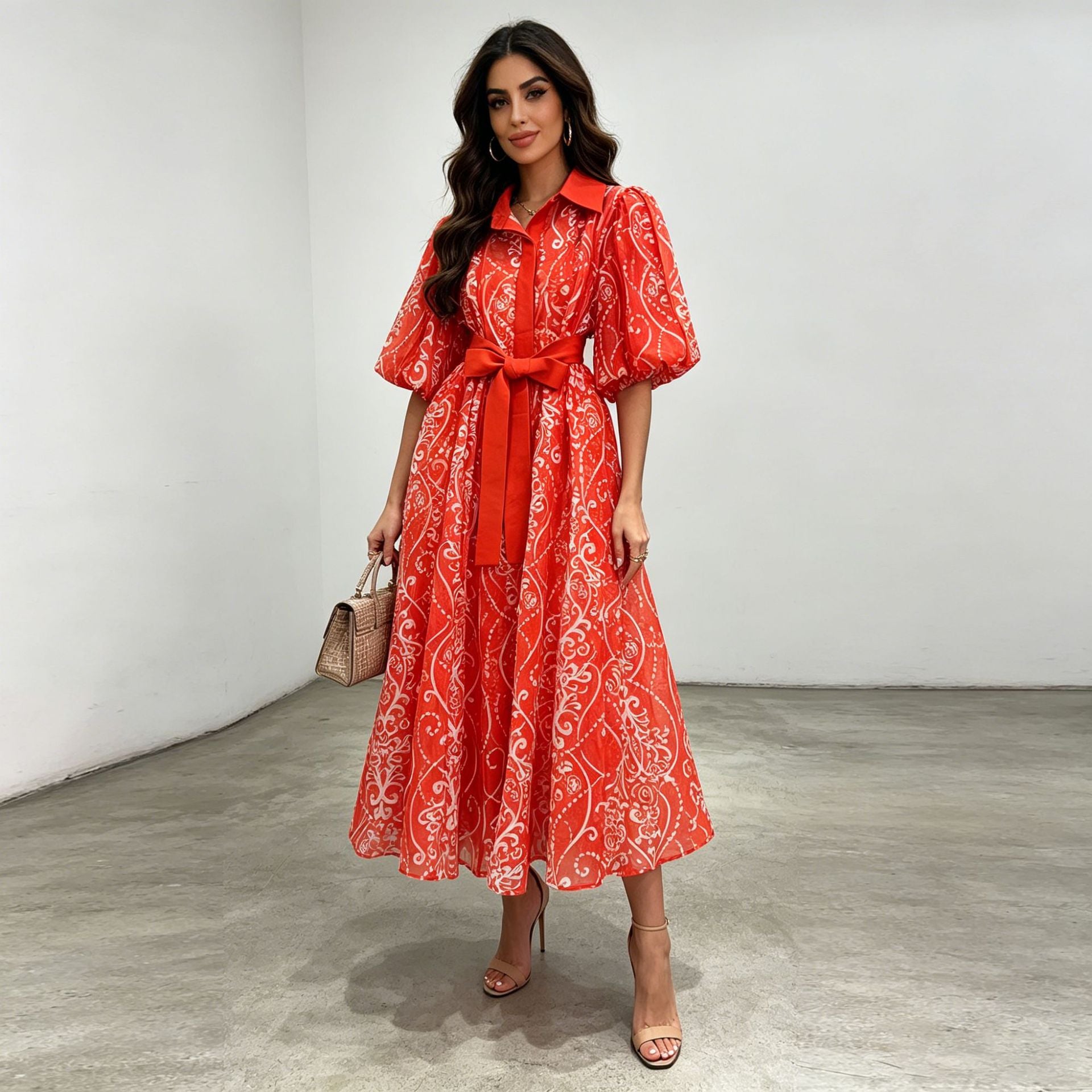 Polo Collar Puff Sleeve Lace up Waist Tight Design Printed Midi Dress Women