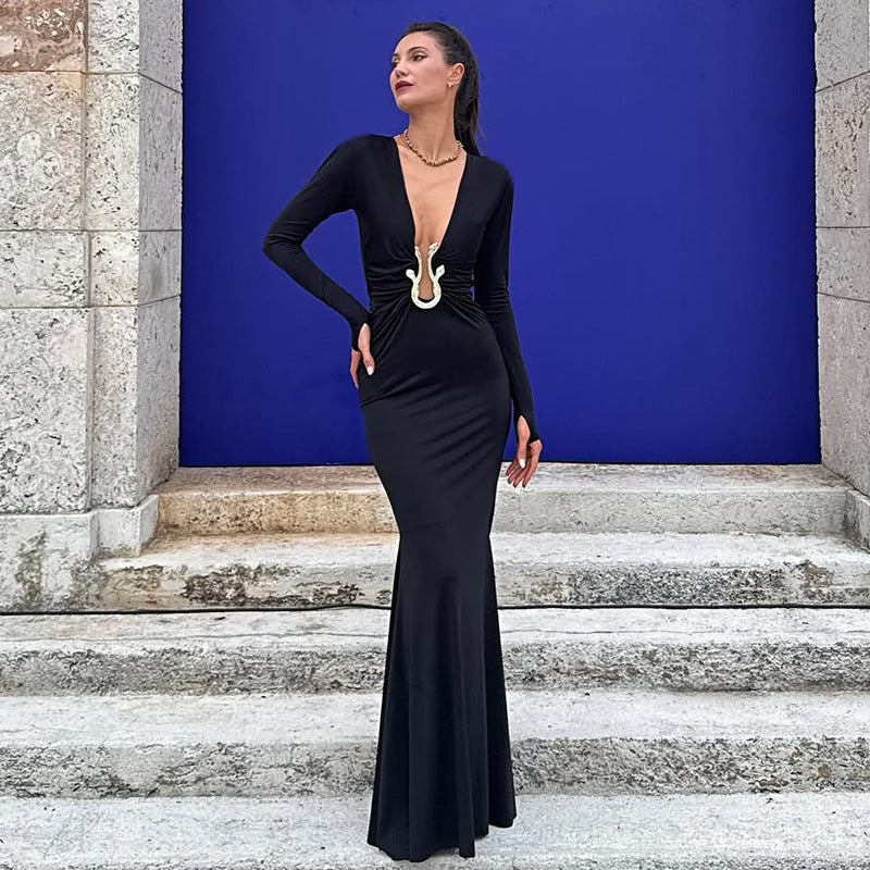 Women Clothing Autumn Solid Color Sexy Deep V Plunge neck Hollow Out Cutout Slim Long Sleeve Dress