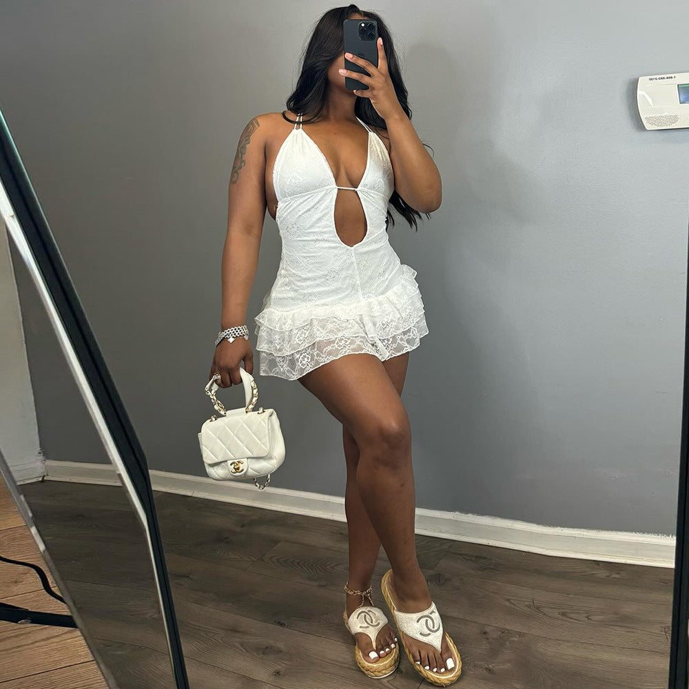 Sexy Women Clothing Dress Autumn Lace up Lace Cake Type Backless Sexy