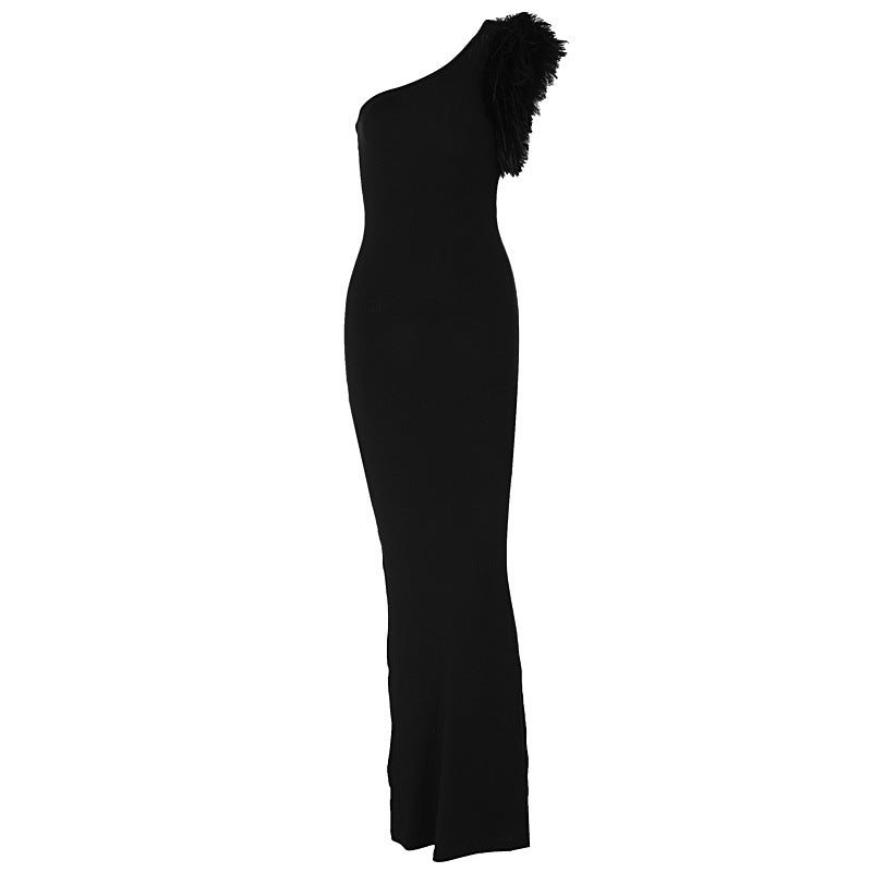 Dress Elegant Noble Solid Color Shoulder Stitching Feather Slim Slimming Long Evening Dress for Women