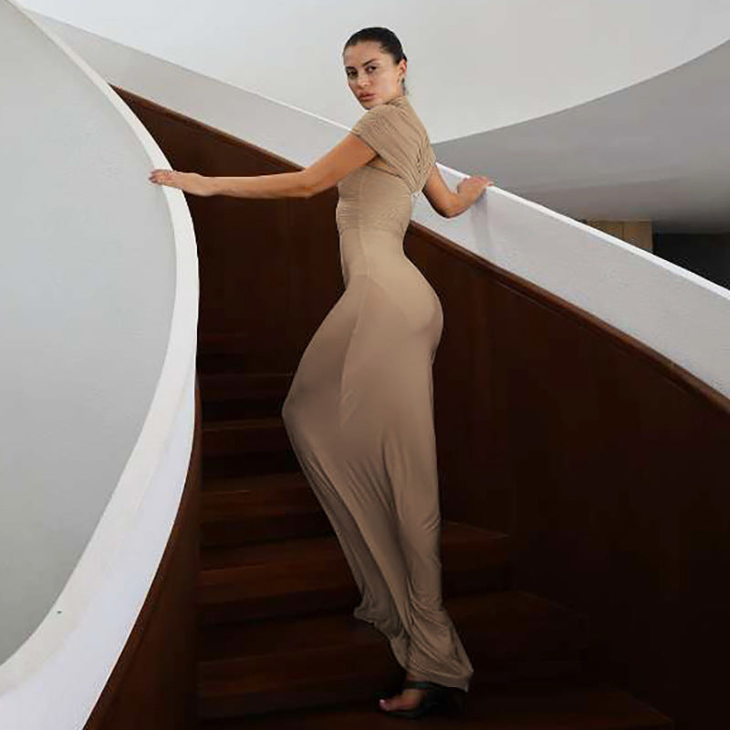 Women Clothing Autumn Winter Elegant Sexy Slim Hollow Out Cutout Pleated Turtleneck Solid Color Dress