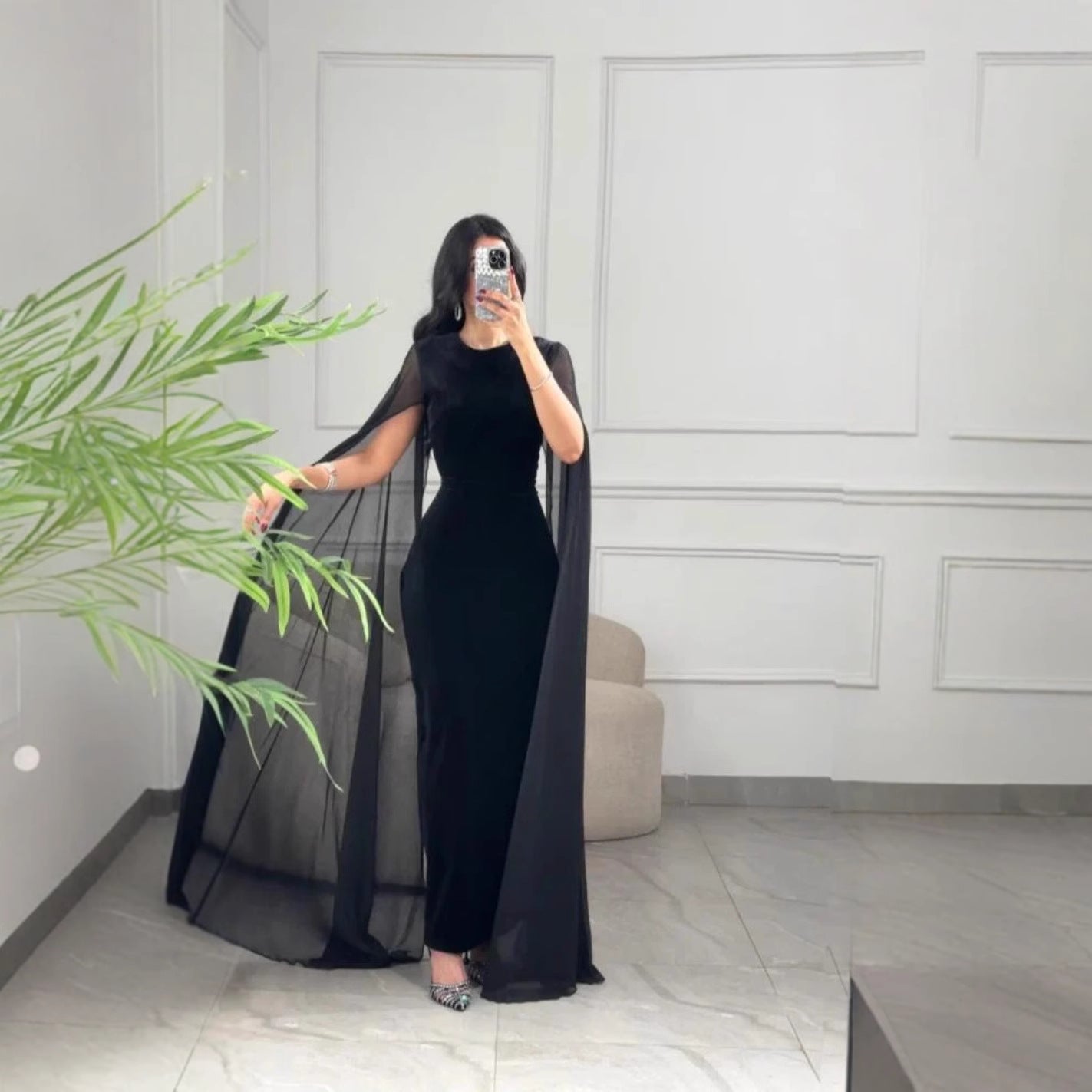 Vestido de terciopelo con mangas abullonadas de Oriente Medio para mujer, otoño e invierno
