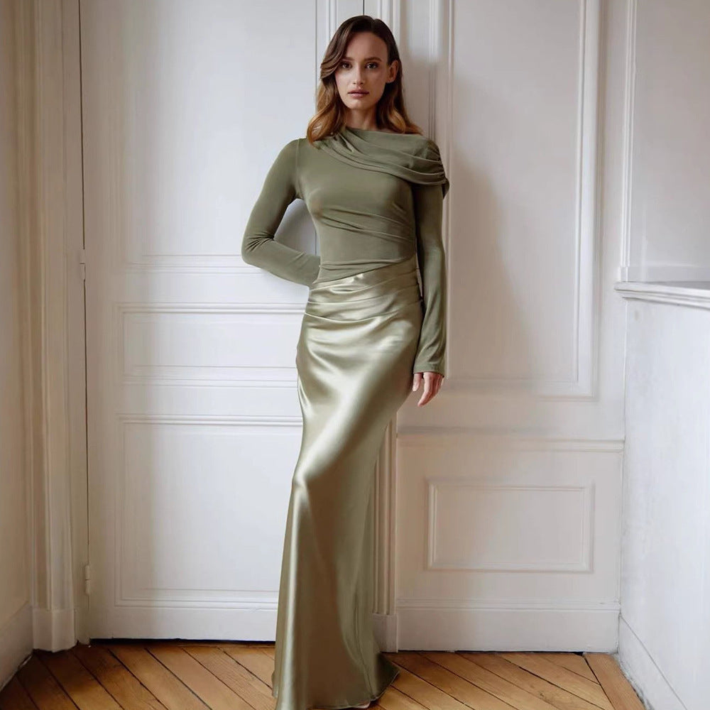 Vêtements pour femmes Mori Adulte Femme élégante Robe formelle Col diagonal Manches longues Coupe ajustée Robe queue de poisson sexy