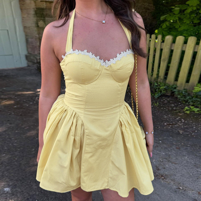 Women Clothing Summer Sexy Square Collar Elegant Backless Solid Color Halter Waist Dress