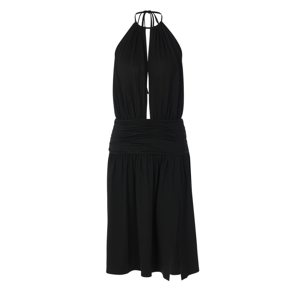 Vestido sexy para mujer con escote en V profundo, espalda descubierta, tirantes halter, cintura plisada y abertura ajustada
