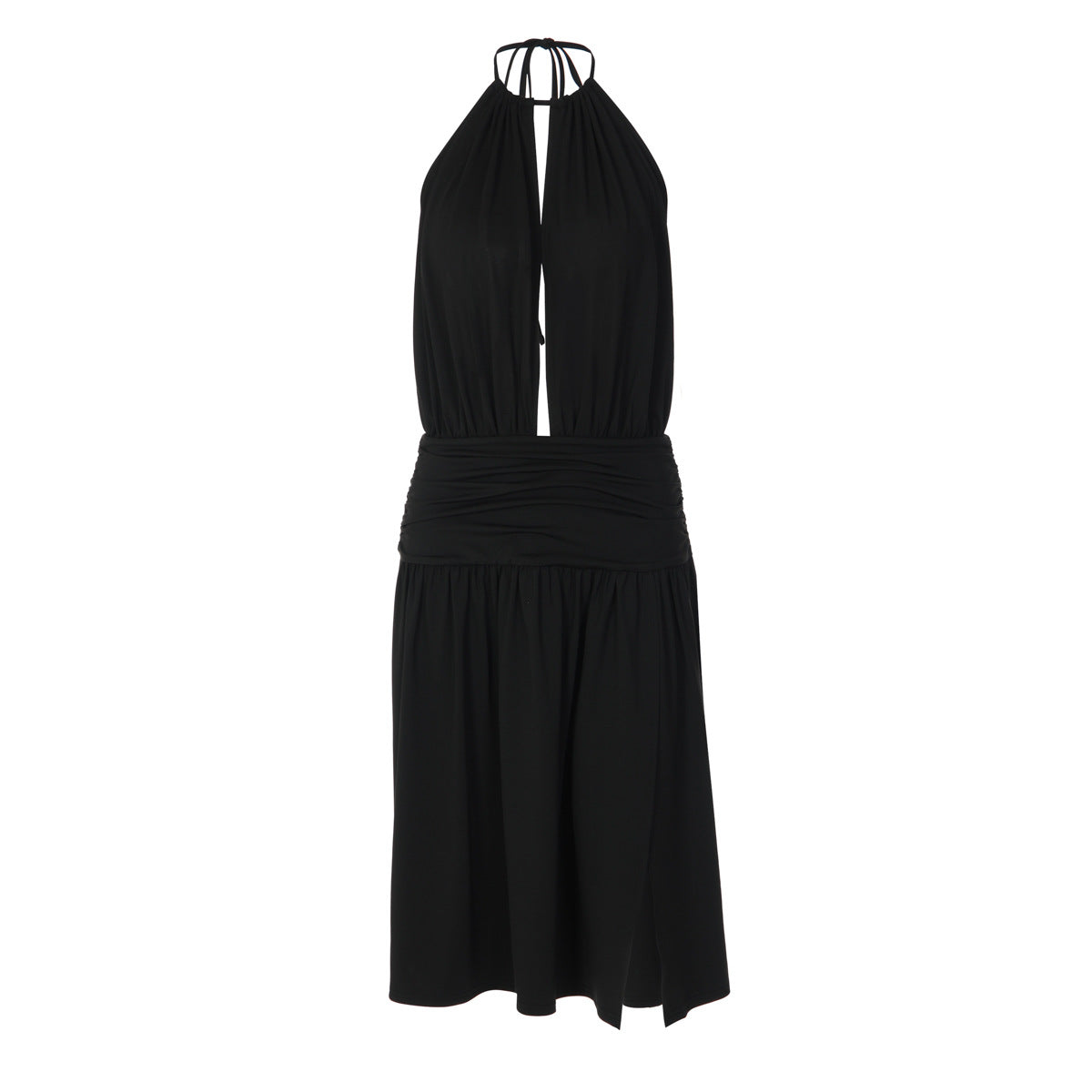 Vestido sexy para mujer con escote en V profundo, espalda descubierta, tirantes halter, cintura plisada y abertura ajustada