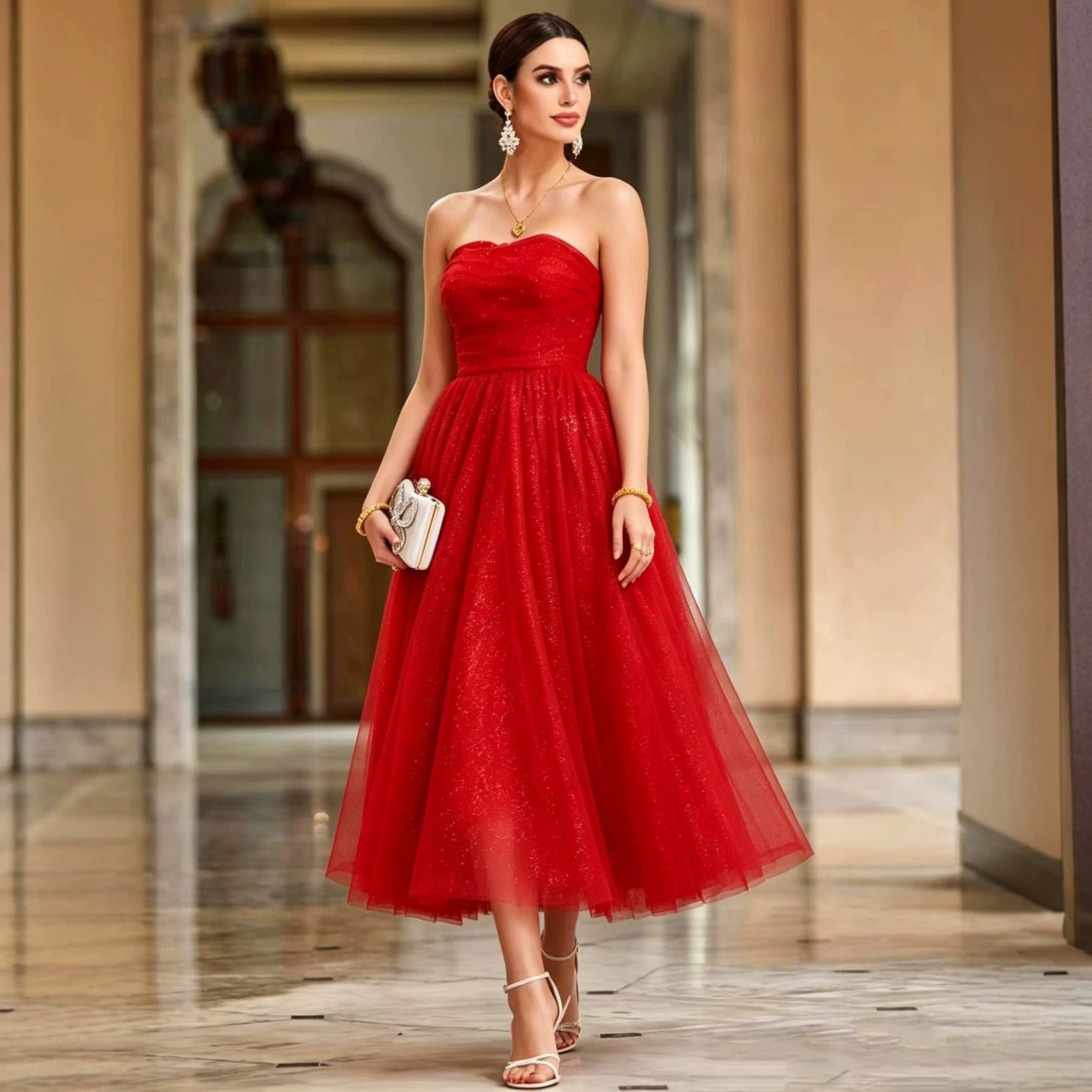 French off Shoulder Red Toast Dress Evening Gown
