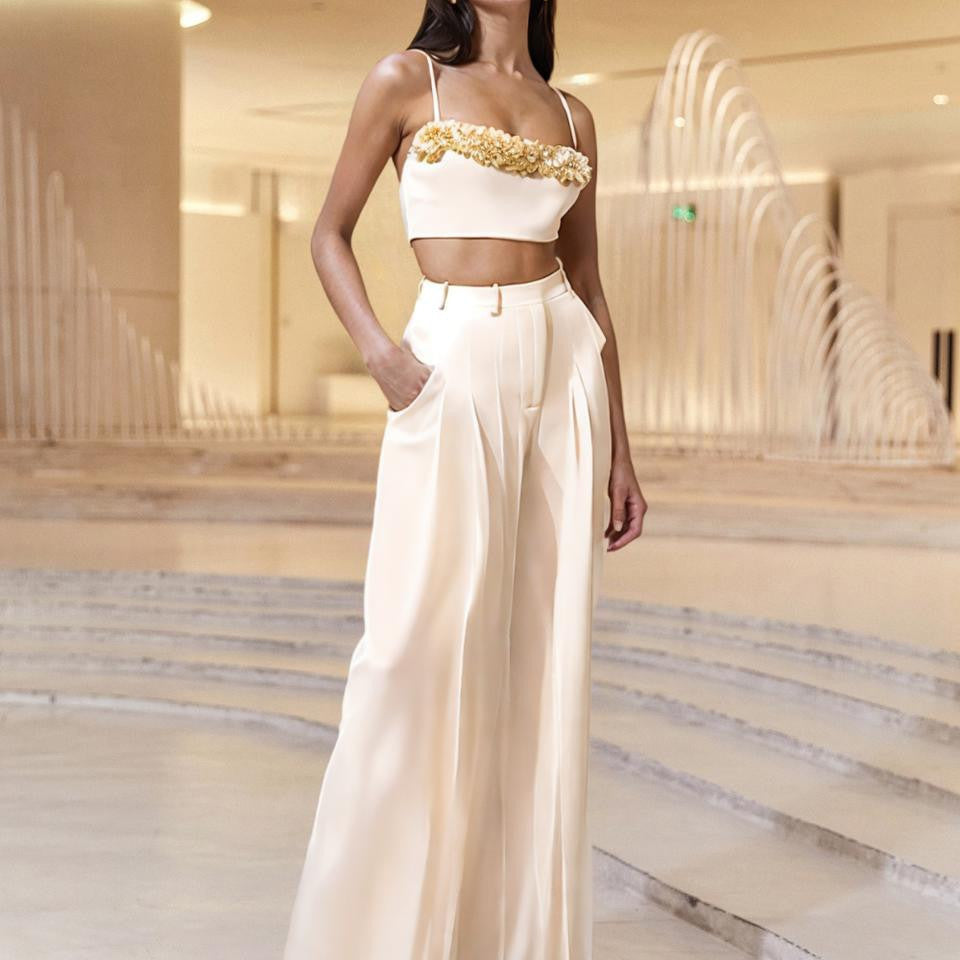 Spring Slim Fit High Grade Slim Sexy White Beautiful High Waist Wide Leg Women Two Piece Sets