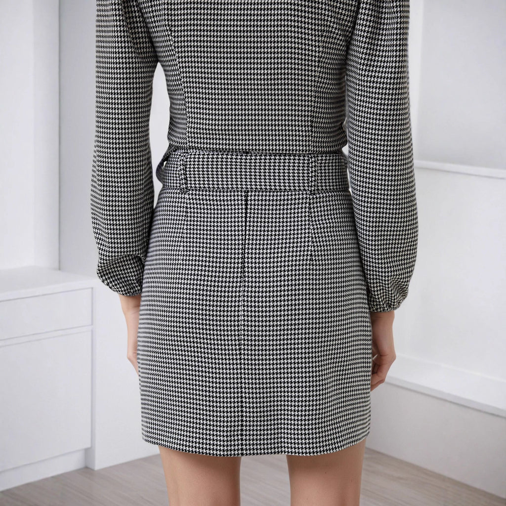 Autumn Retro Houndstooth Elegant V neck with Belt Waist Slimming Short Dress