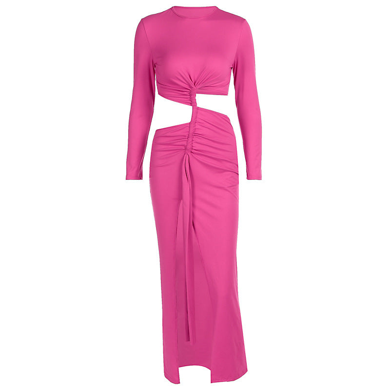 Autumn Winter Women Clothing Fashionable Pleated round Neck High Slit Slim Fit Long Sleeved Dress