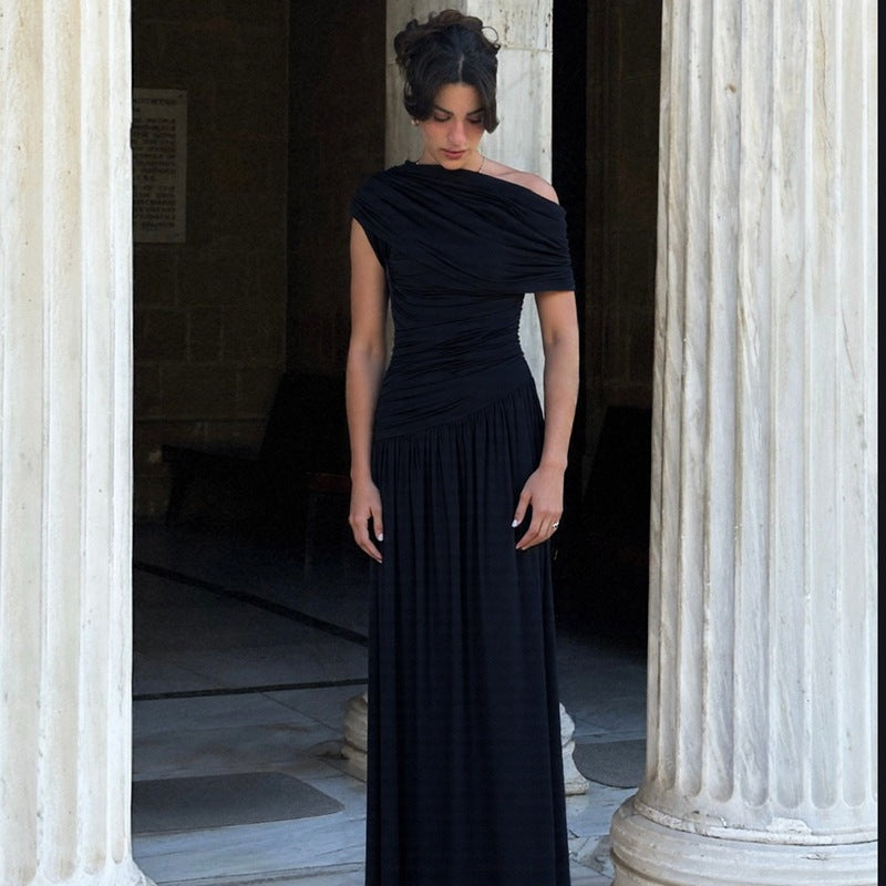 Robe Femme Printemps Nouveauté Mode Sexy Col Diagonal Plissée Asymétrique Couleur Unie