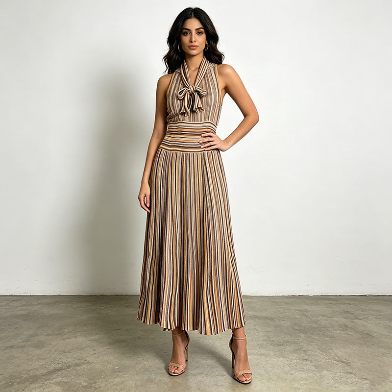 Artistic Retro Contrast Color Striped Dress Sleeveless Halter Collar Fitted High Waist Slimming Dress