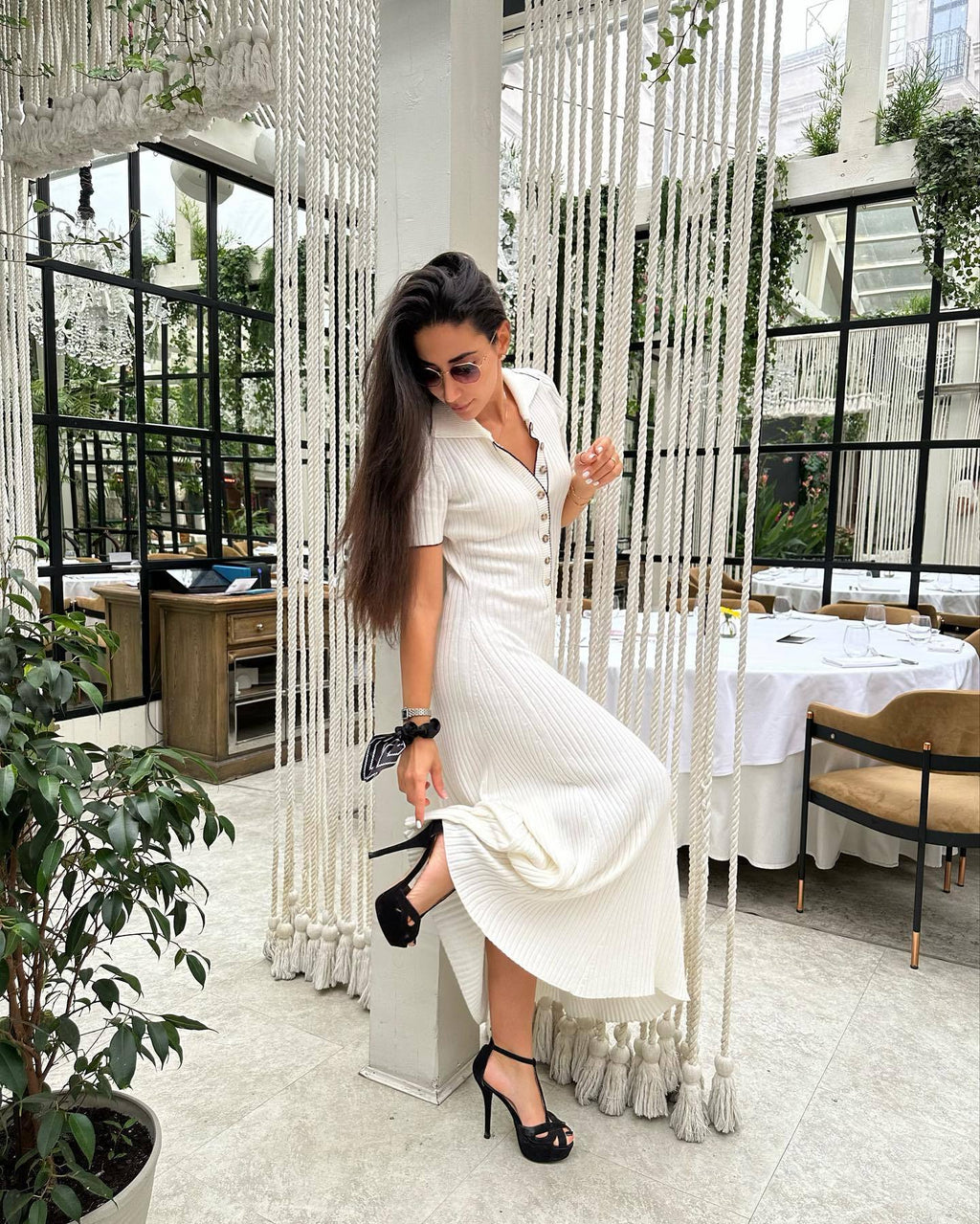 Collared Slim Fit Slimming Elegant Stitching Contrast Color Sheath Short Sleeve Long Pattern Single Breasted Knitted Dress for Women