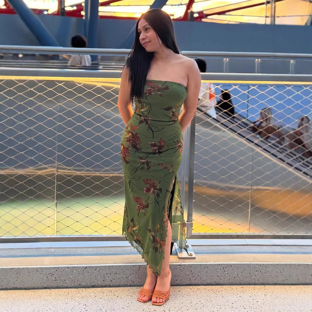 Summer Women Clothing Vacation Slimming Retro Printed Sexy Tube Top Split Double Layer Dress