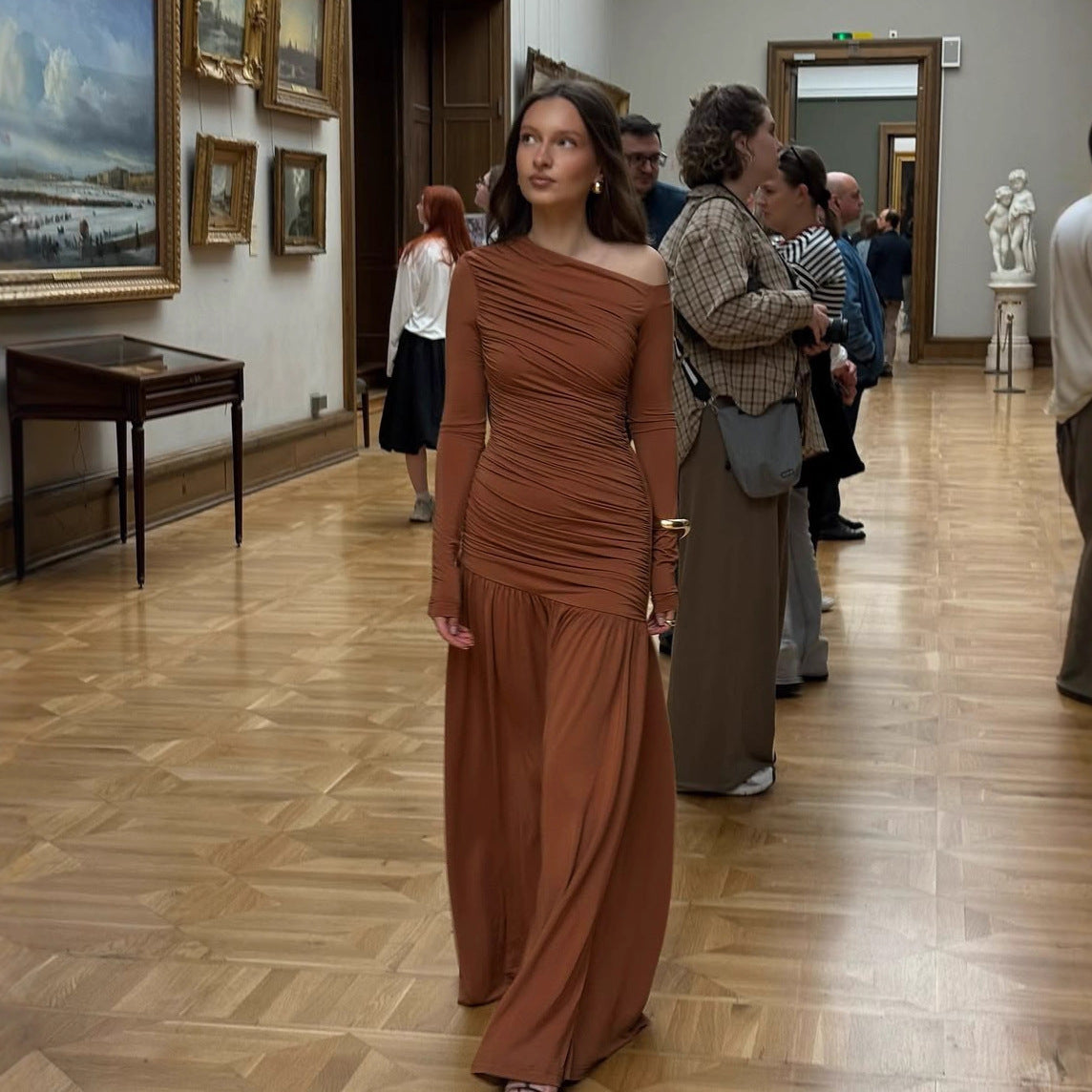 Women Clothing Autumn Solid Color One Shoulder Cold Shoulder Long Sleeve Stitching Dress