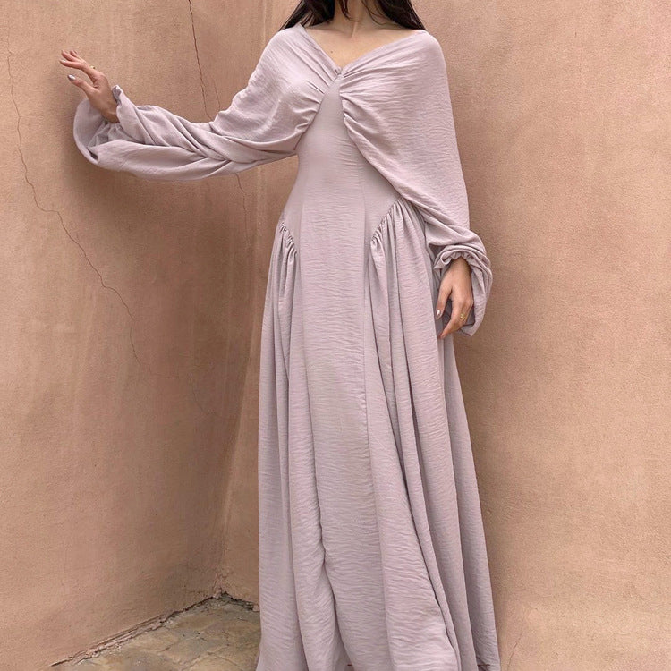 Pleated Design Elegant Dress Women V neck Batwing Sleeve High Waist Sheath Dress