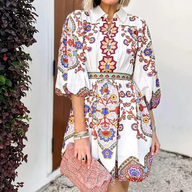 Robe de printemps pour femme, col V, manches lanternes, imprimée, taille cintrée