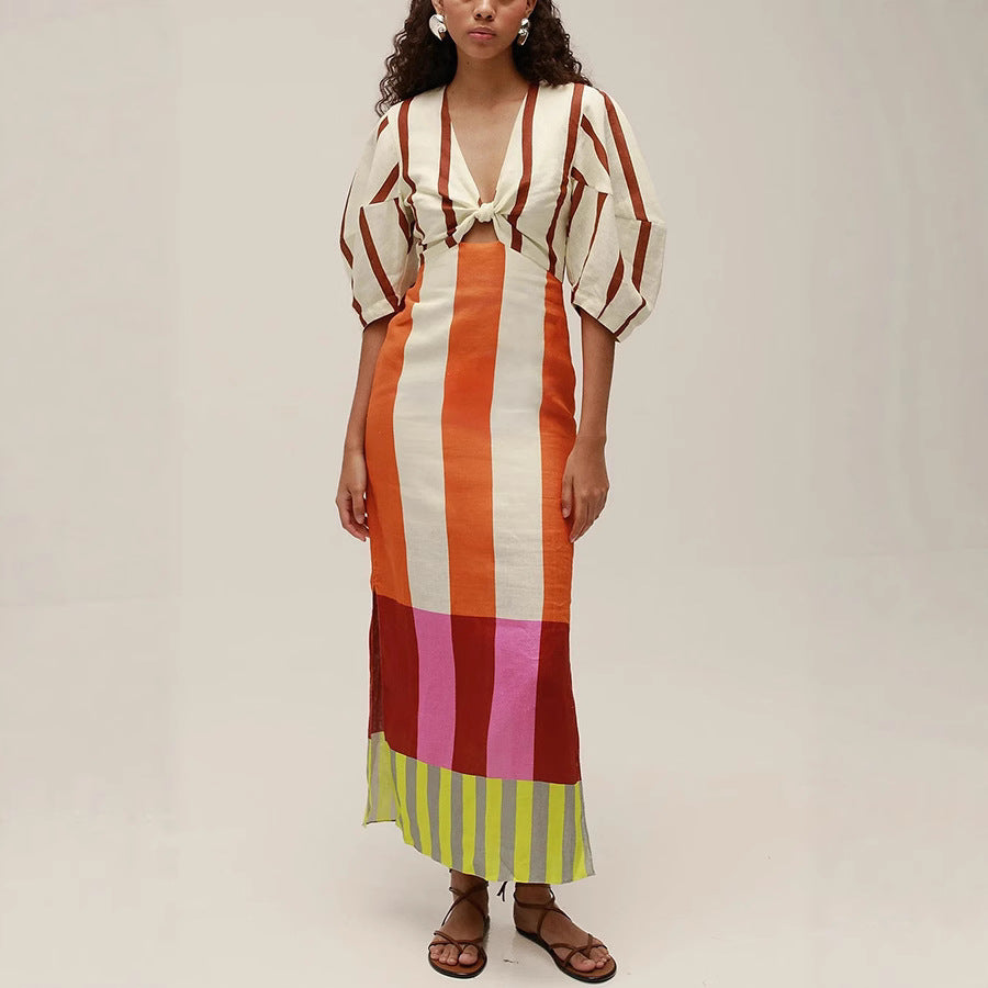 Robe en lin imprimée printemps-été, style décontracté, idéale pour les vacances.