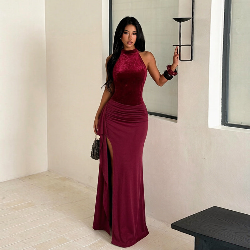 Halter Sequined Elegant Dress Sexy Split Pleated Dress for Women