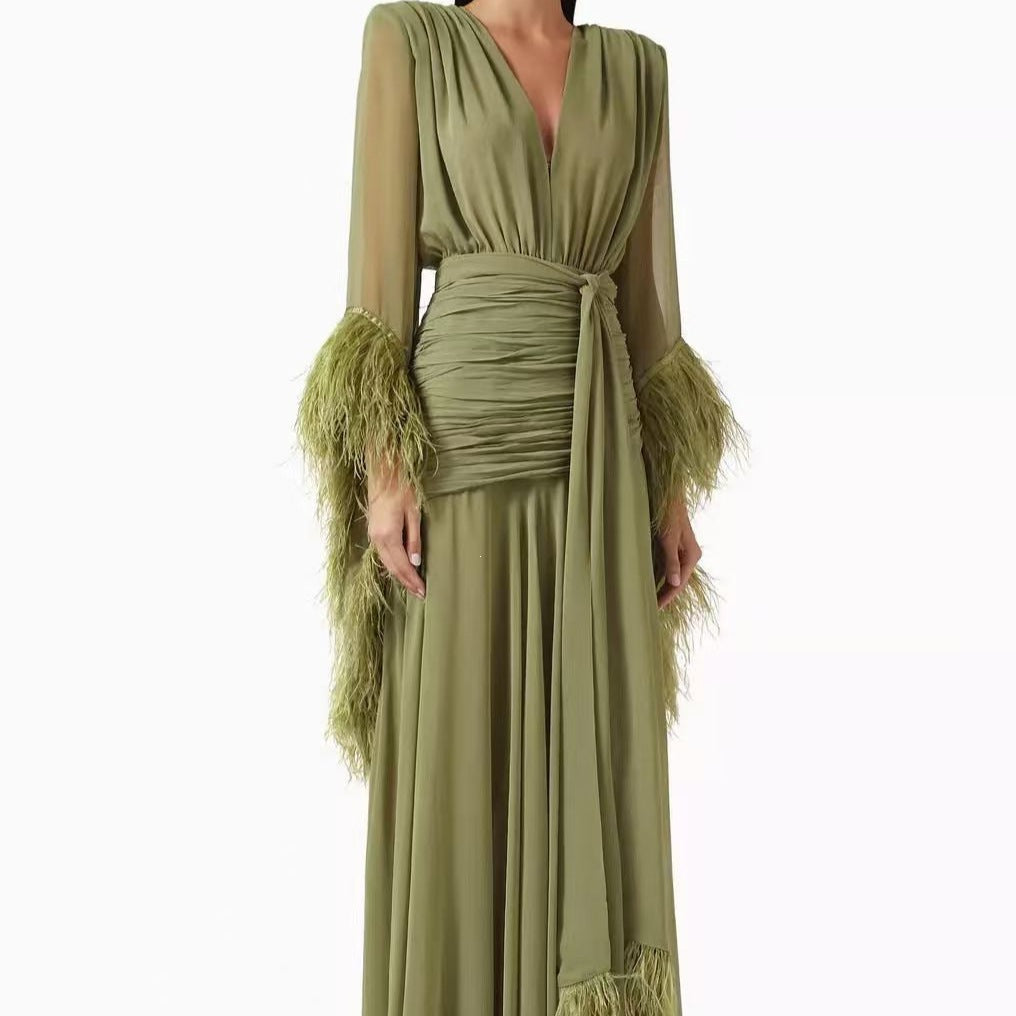 Robe de soirée unie à manches longues et coupe ajustée pour le printemps