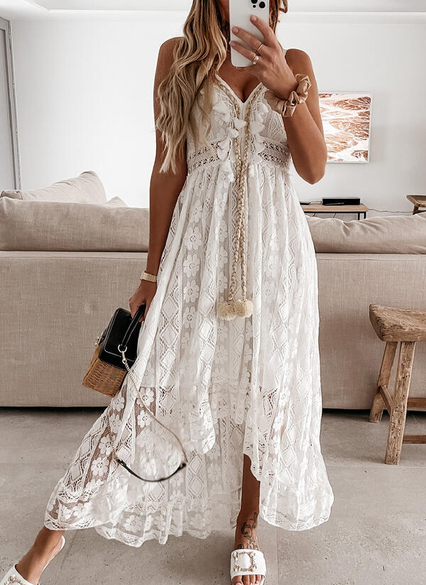 Vestido largo maxi de verano con encaje y tirantes anchos de color liso
