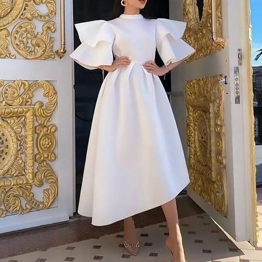 Vestido de verano para mujer con doble capa, mangas con volantes, color liso y dobladillo ancho.