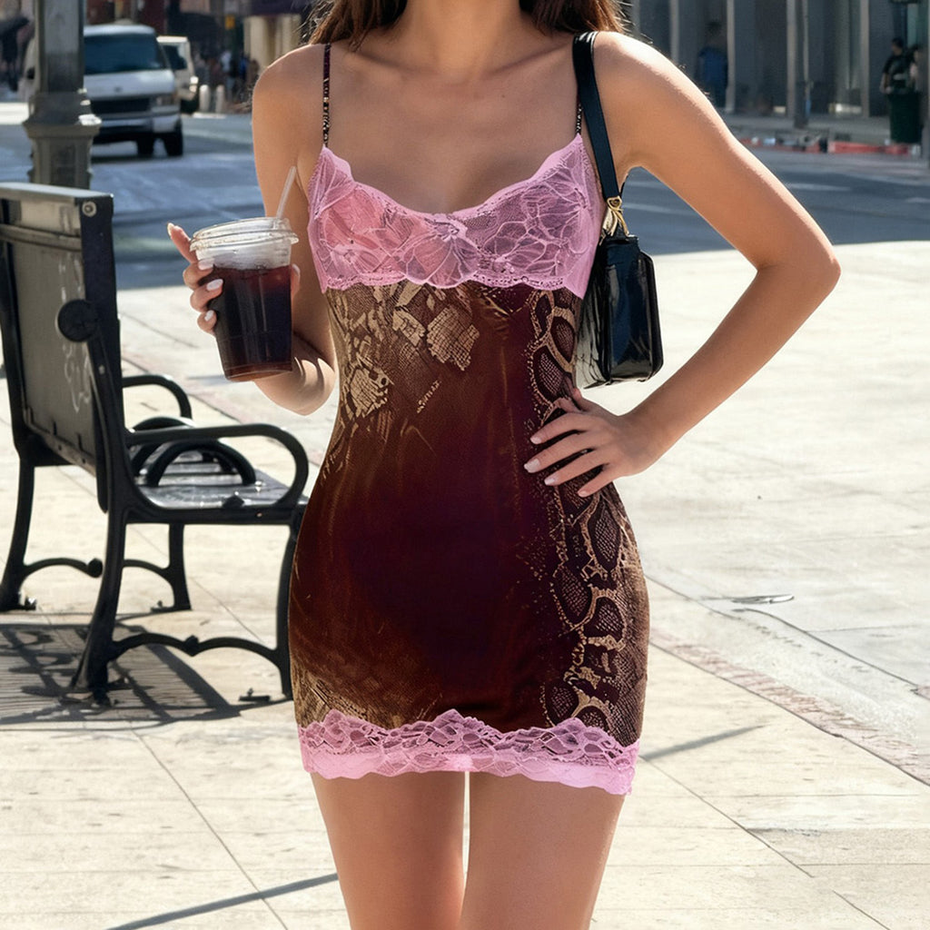 Robe sexy personnalisée à motif serpent en dentelle contrastée, bretelles fines, décolleté en V, dos nu, coupe flatteuse
