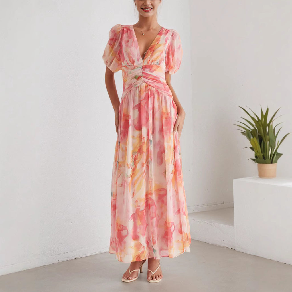 Vestido de gasa de vacaciones para mujer, cuello en V, manga corta, cremallera, cintura alta, estampado