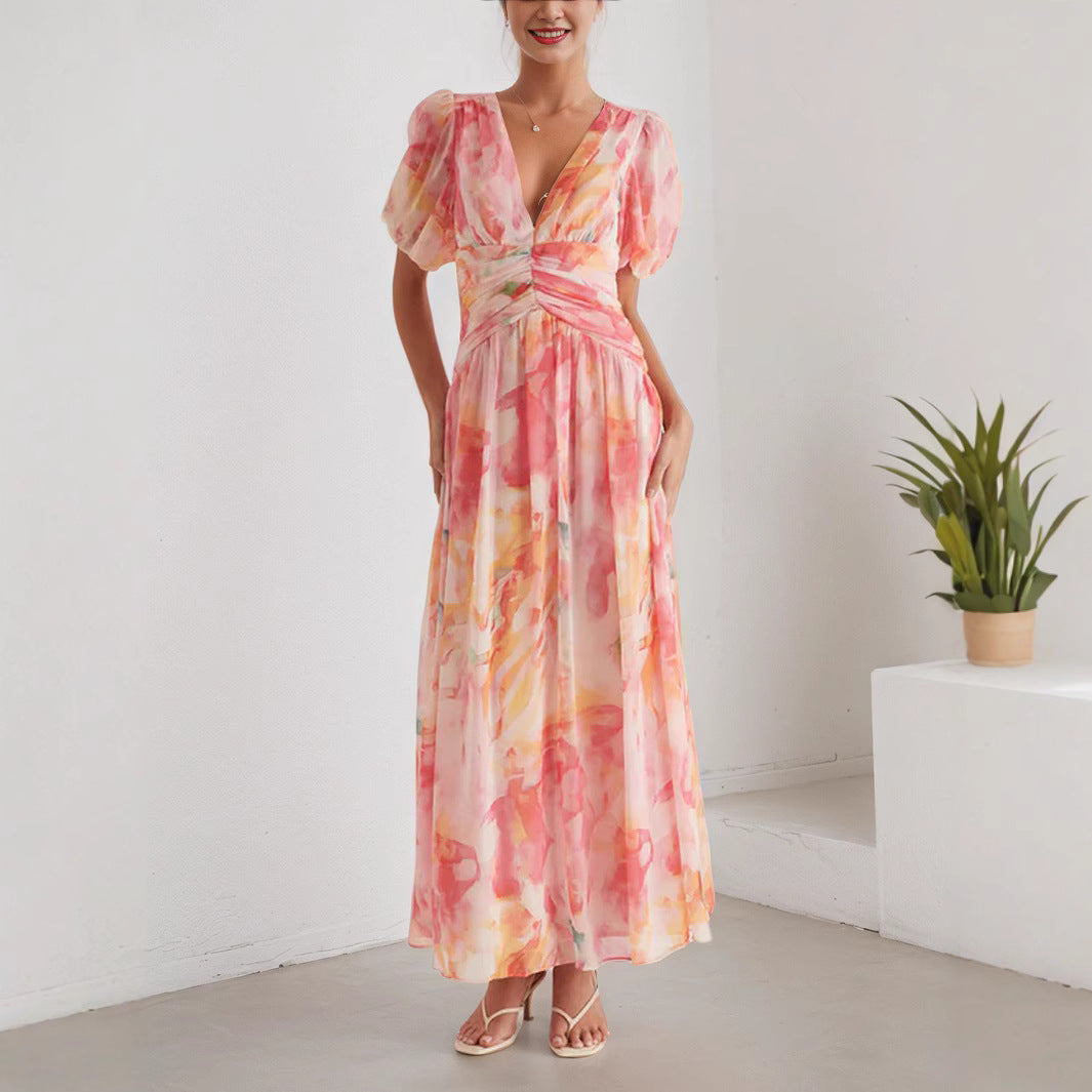 Vestido de gasa de vacaciones para mujer, cuello en V, manga corta, cremallera, cintura alta, estampado