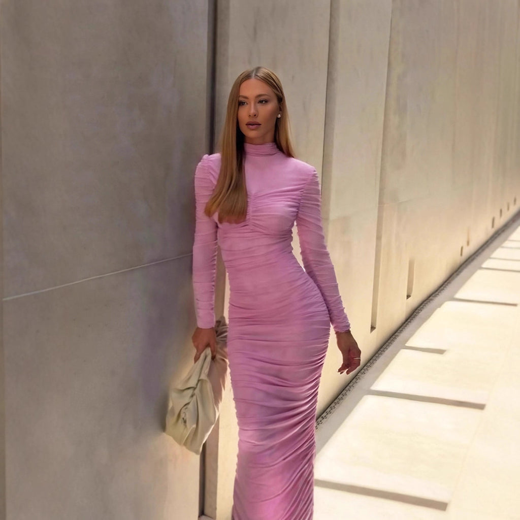 Autumn Elegant Socialite Private Clothing Stand Collar Long Sleeve Waisted Slim Fit Package Hip Pleated Niche Dress
